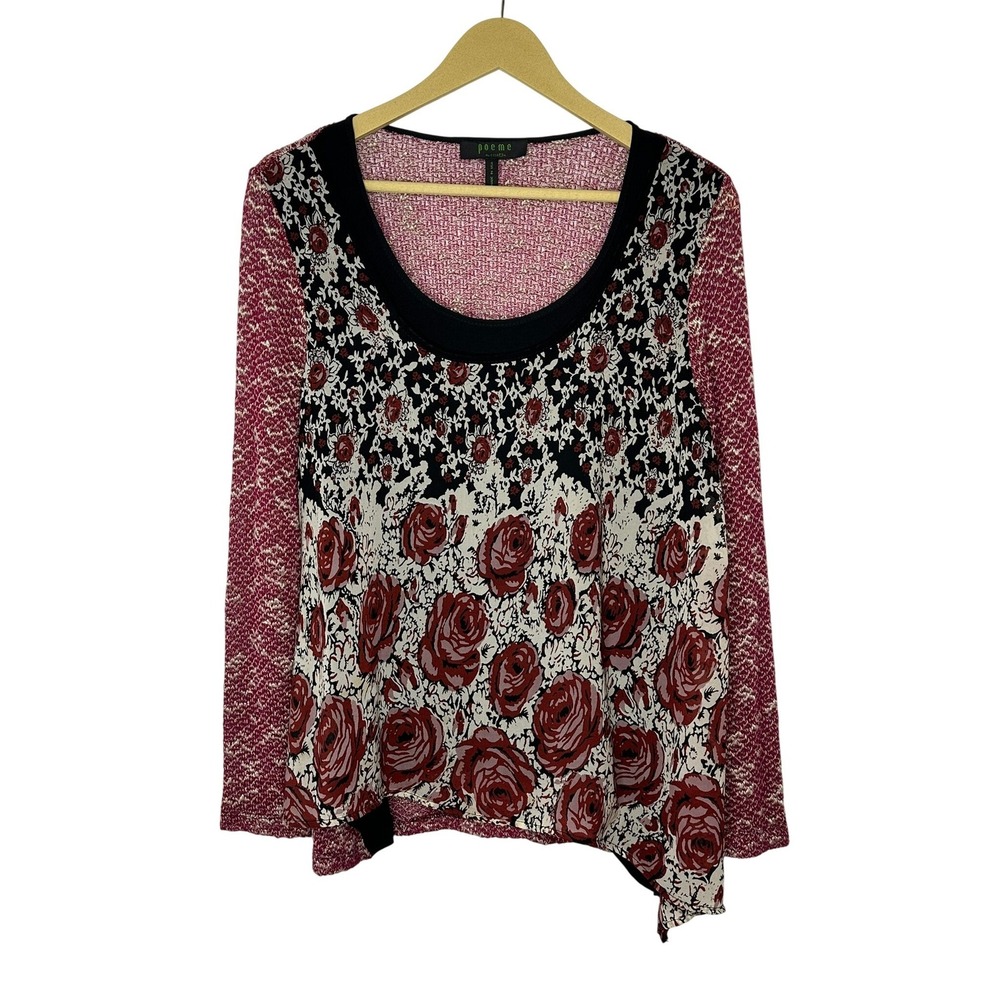 Poeme by Citron Top Womens Medium Red Floral Mixed Media Knit Long Sleeve 21K144